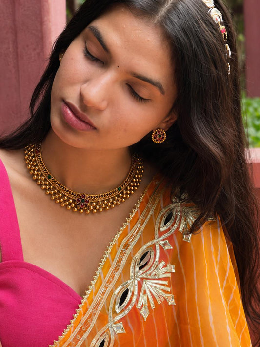 Matt Gold Finish Choker Necklace with Earring set