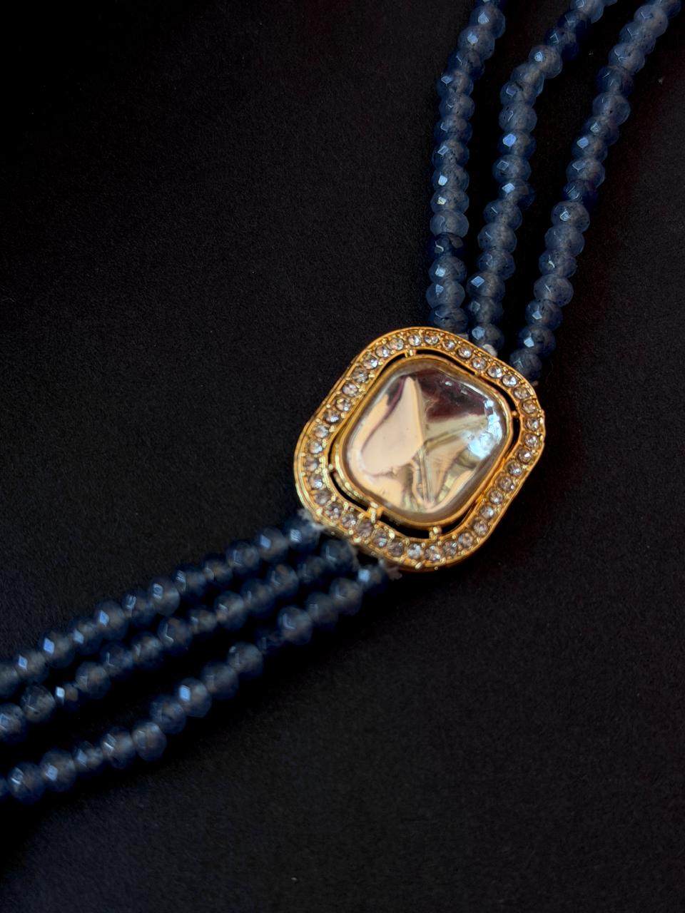 Stone Beads with Kundan Three Layered Choker and Kundan Earring Set