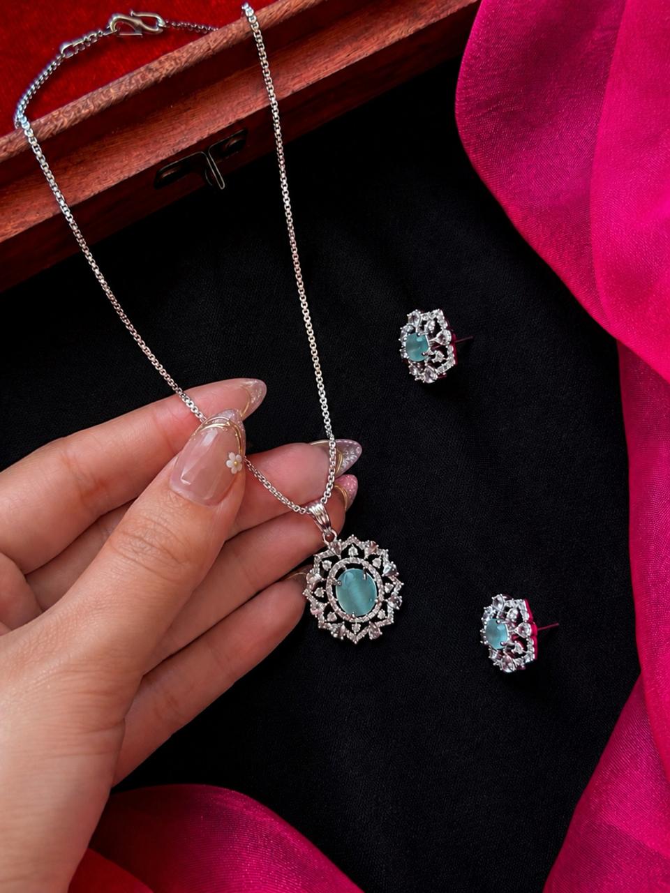 AD stone Pendant Chain Necklace with Earring set