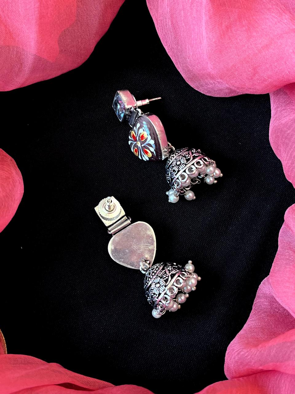 Hand Painted Monalisa Stone Top with Silver Replica Jhumki Earring