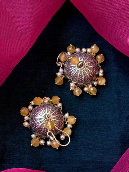 Cut Stone Beaded Silver Jhumki Earring