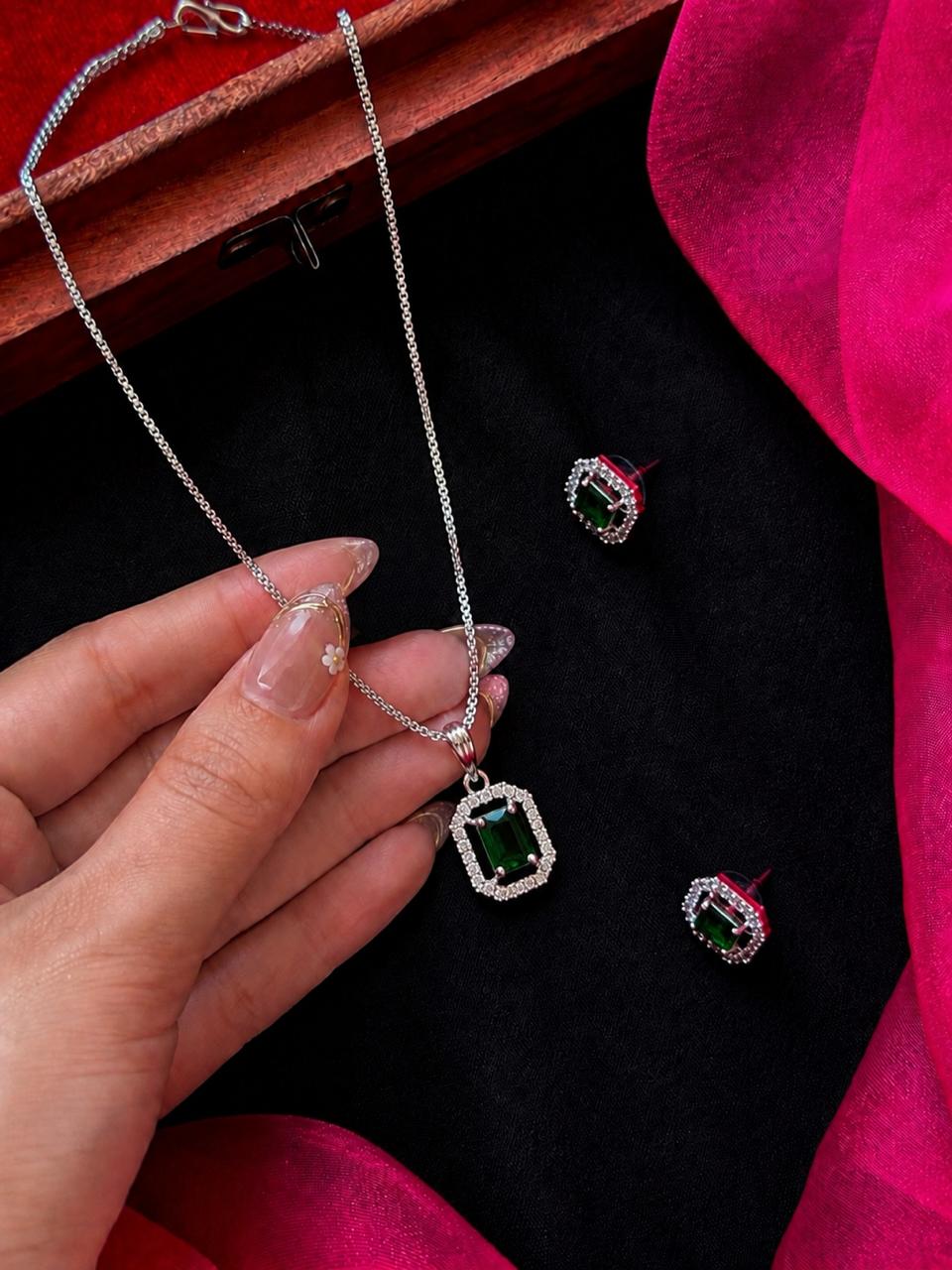 AD stone Pendant Chain Necklace with Earring set
