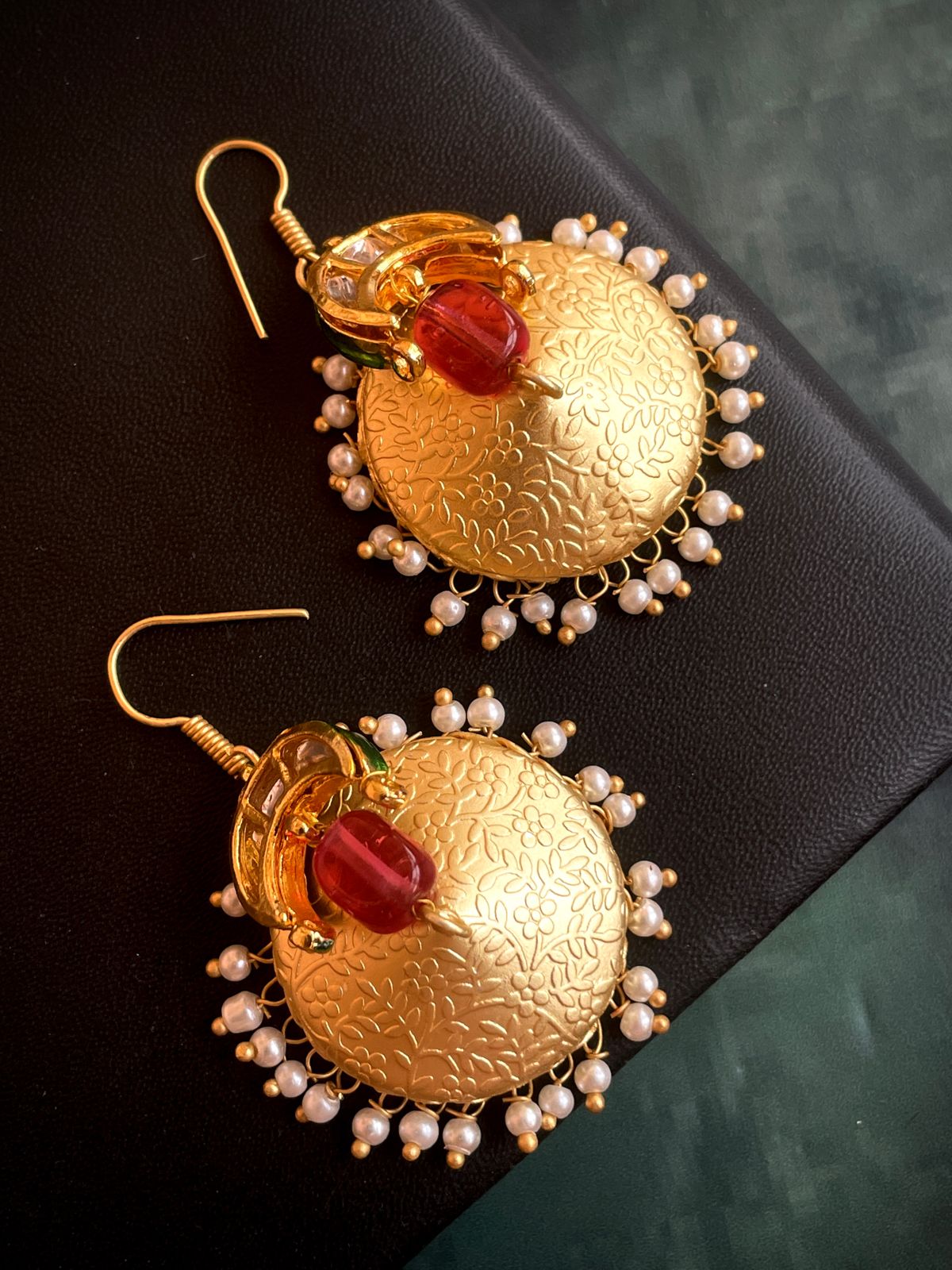 Kundan Golden Big Size Jhumki Earring with Natural stone