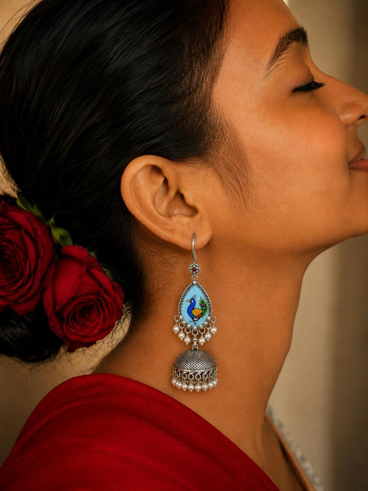 Peacock Print Top with Oxidized Jhumki Earring
