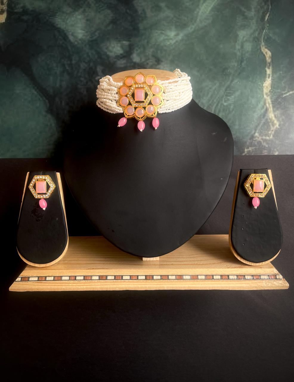 Monalisa Stone Golden Choker with Earring Set