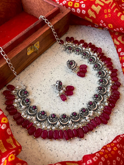 Jade Stone Beaded Oxidized Choker with Earring set