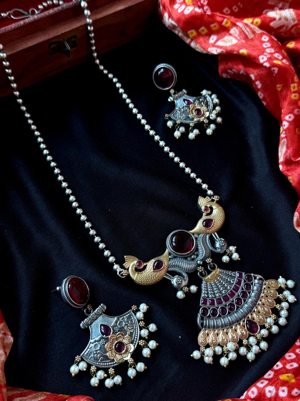 Dual Tone Peacock shape Pendant Chain Necklace with Earring set
