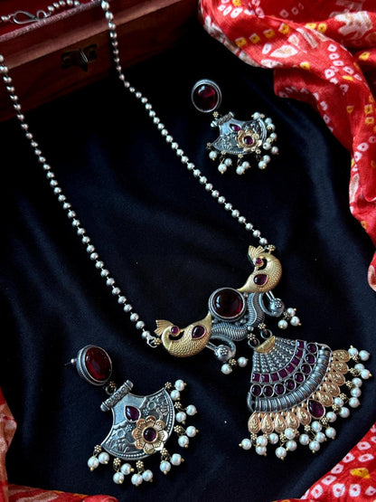 Dual Tone Peacock shape Pendant Chain Necklace with Earring set