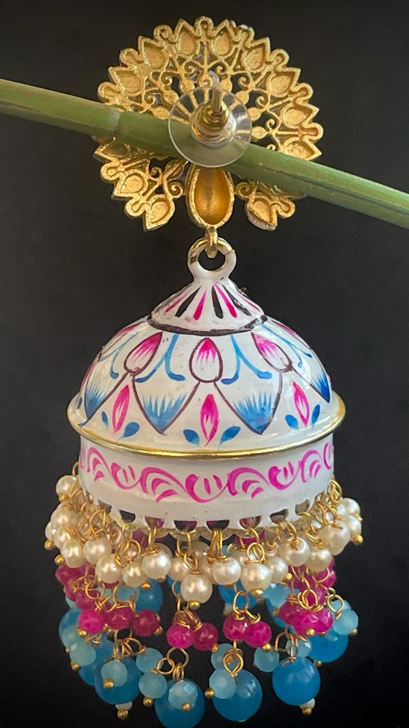 Meenakari Flower Print Big Heavy Jhumka with Peacock Top Earring