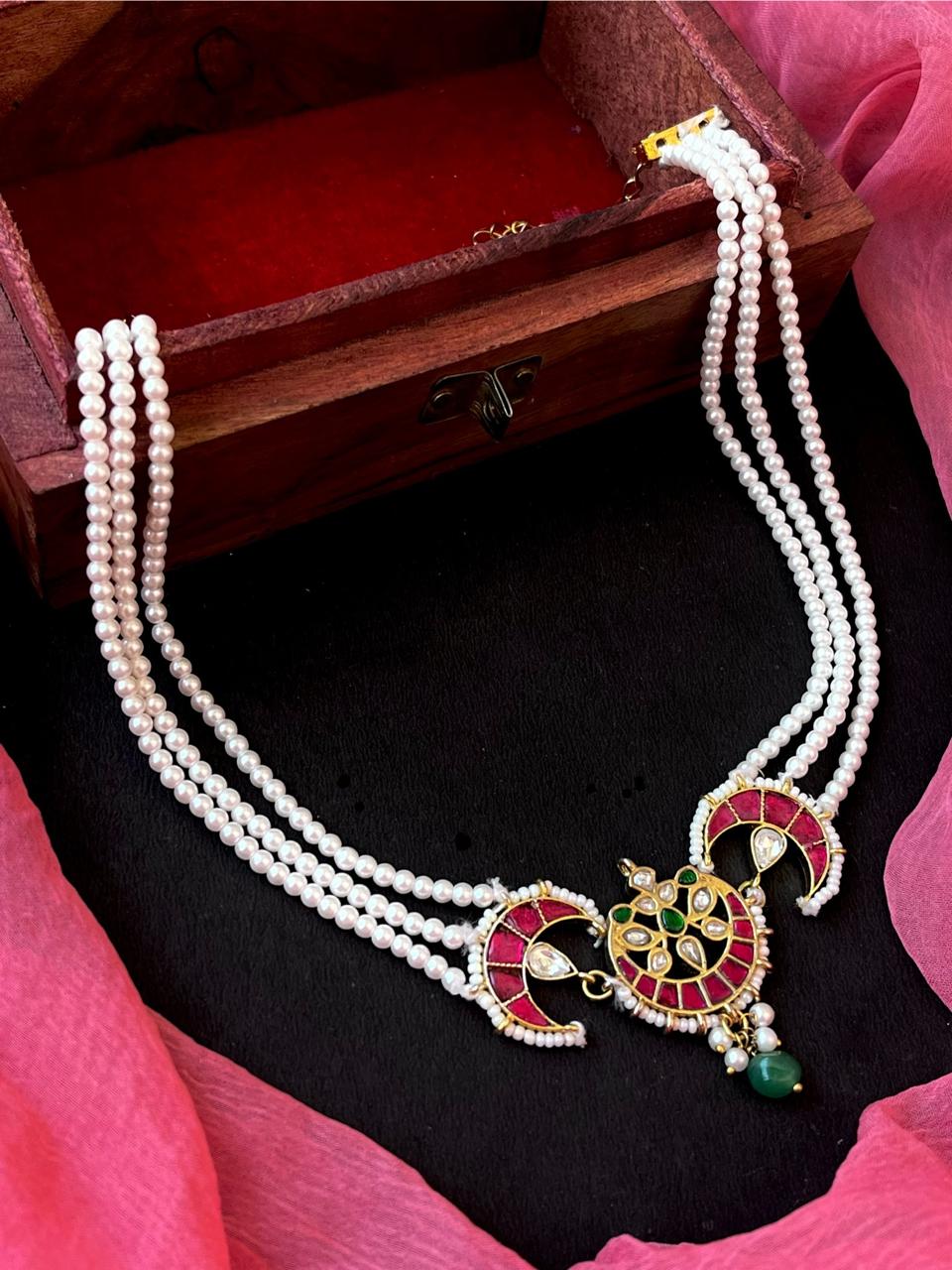 Kundan Pendant Pearl Three Layer Mala Choker Necklace