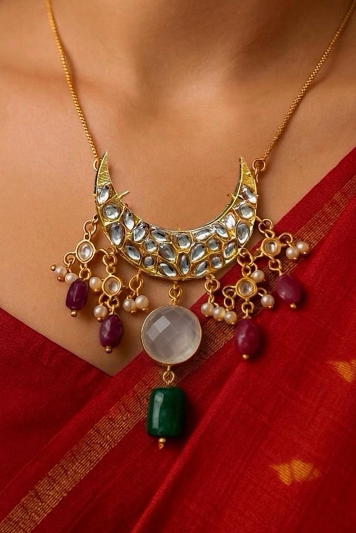 Moon Shape Kundan, Pachi Kundan and Monalisa Stone Pendant Necklace