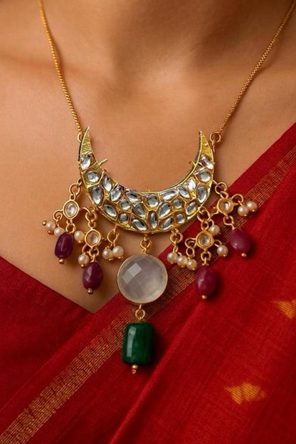 Moon Shape Kundan, Pachi Kundan and Monalisa Stone Pendant Necklace