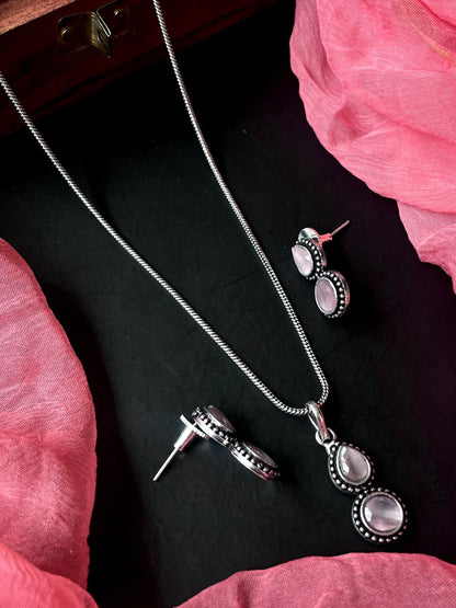 Monalisa Stone Oxidize Pendant Chain Necklace with Earring set