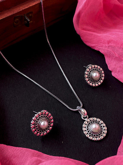 Monalisa Stone Oxidize Pendant Chain Necklace with Earring set