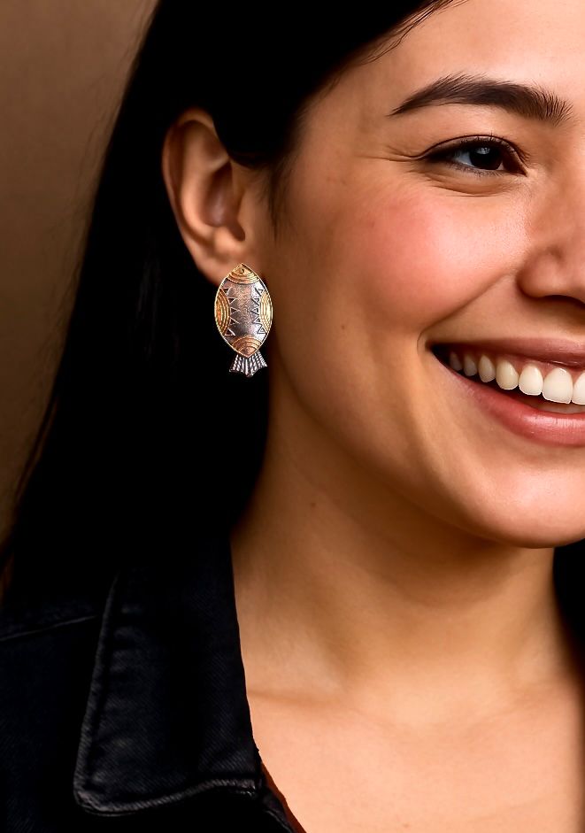 Dual Tone Fish Shape Stud Earring