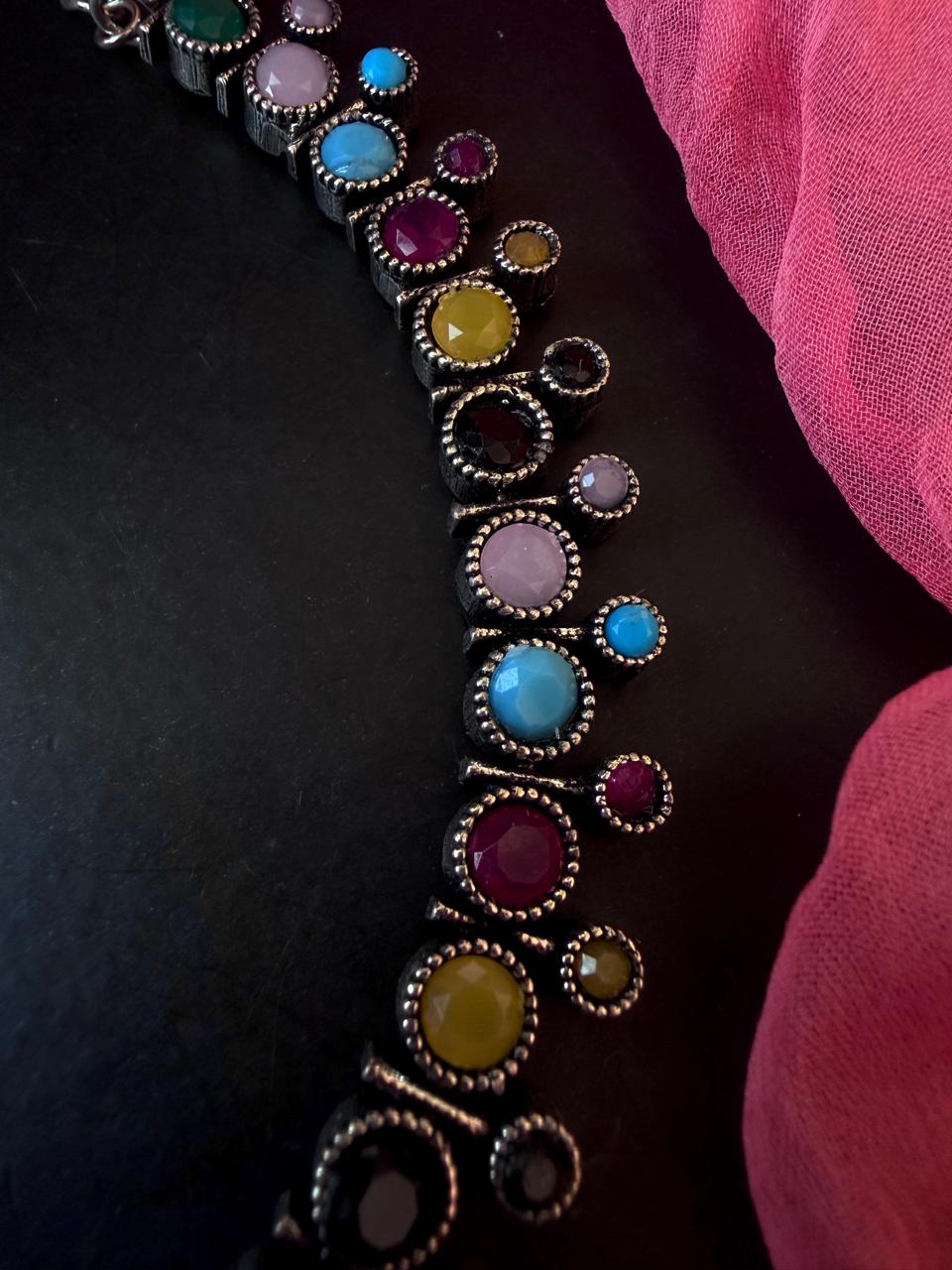 Multi Colour Stones Oxidized Choker Necklace with Earring set