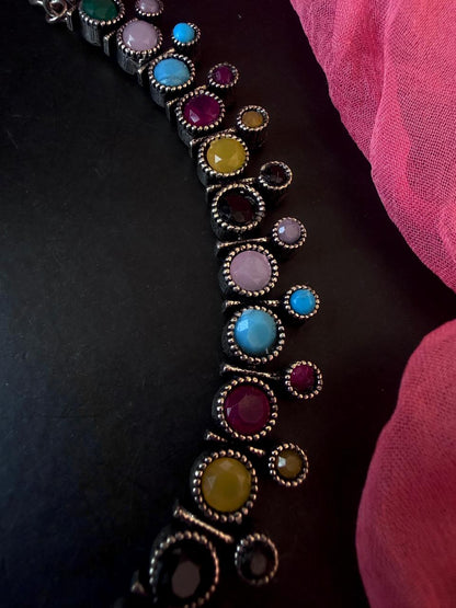 Multi Colour Stones Oxidized Choker Necklace with Earring set