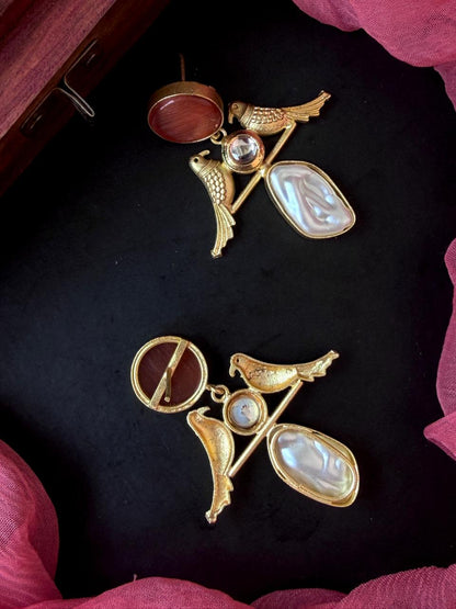 Monalisa Stone Shell Pearl Golden Bird Earring