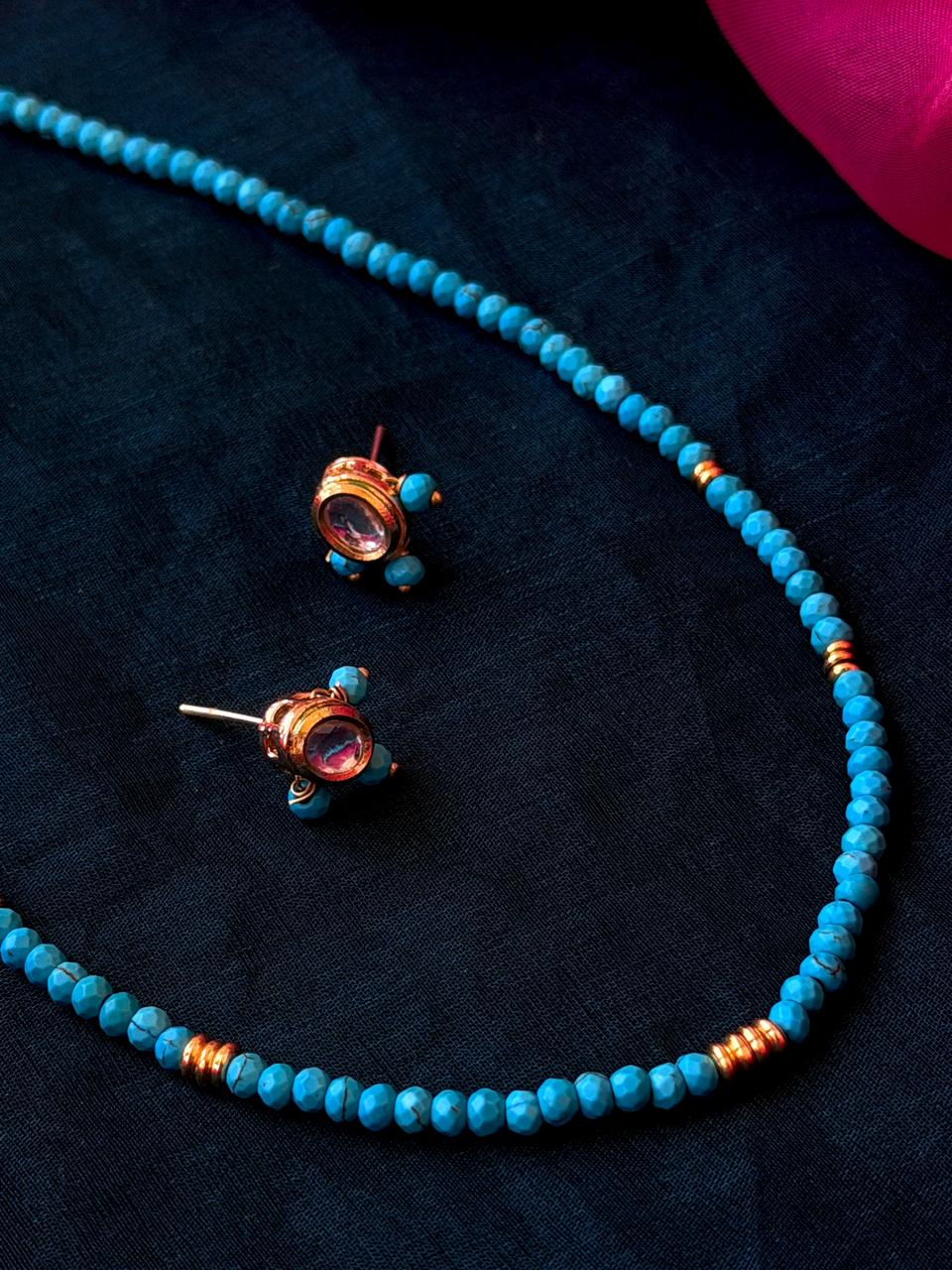 Stones Beads Single Layer Mala with Kundan Earring