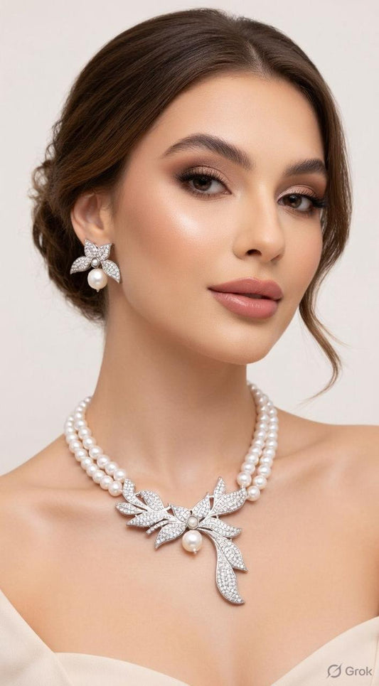AD pendant Pearl Mala Necklace with AD Earring set
