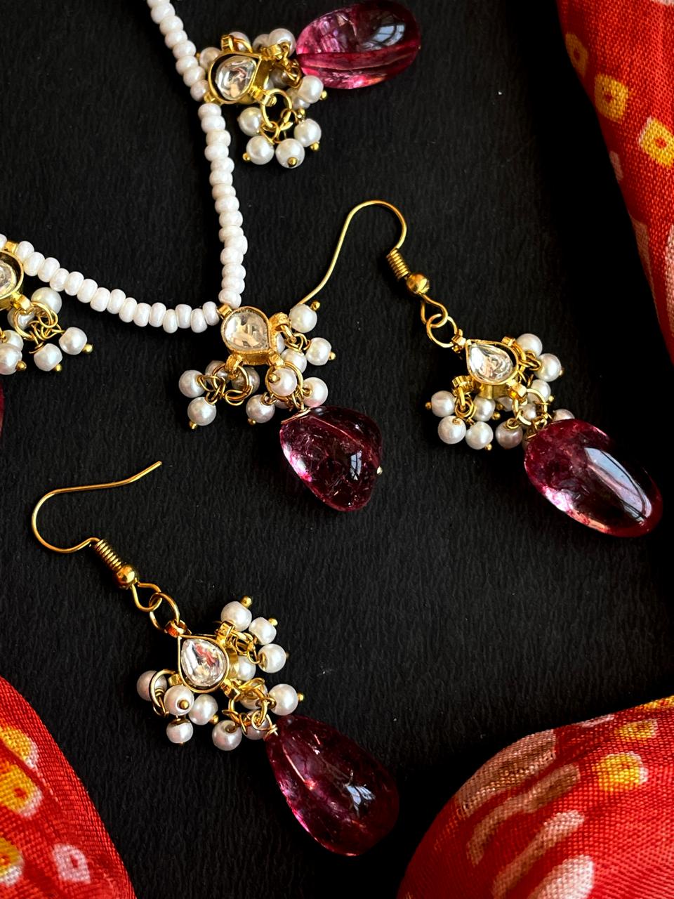 Strawberry Stone Beaded with Pachi kundan Necklace Earring set