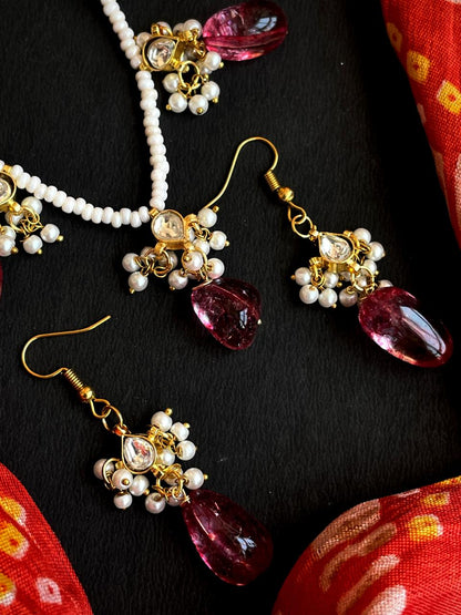Strawberry Stone Beaded with Pachi kundan Necklace Earring set