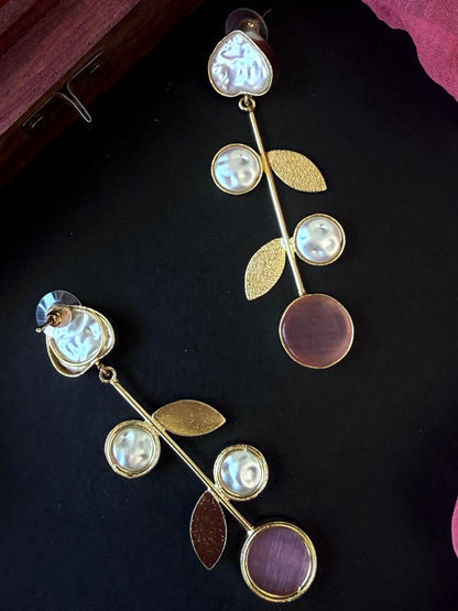 Monalisa Stone Shell Pearl Golden Leaf Earring