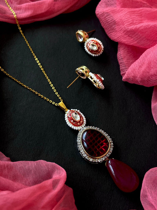 AD with Monalisa Stone Meenakari Pendant with Earring Set