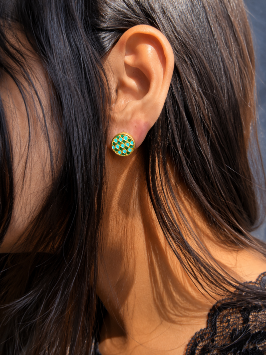Gold-Plated Meenakari Checkered Small Stud Earring