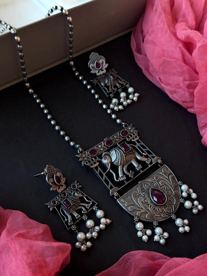 Black Polish Oxidized Elephant Pendant Necklace with Earring set