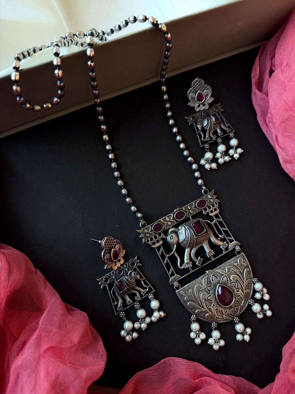 Black Polish Oxidized Elephant Pendant Necklace with Earring set