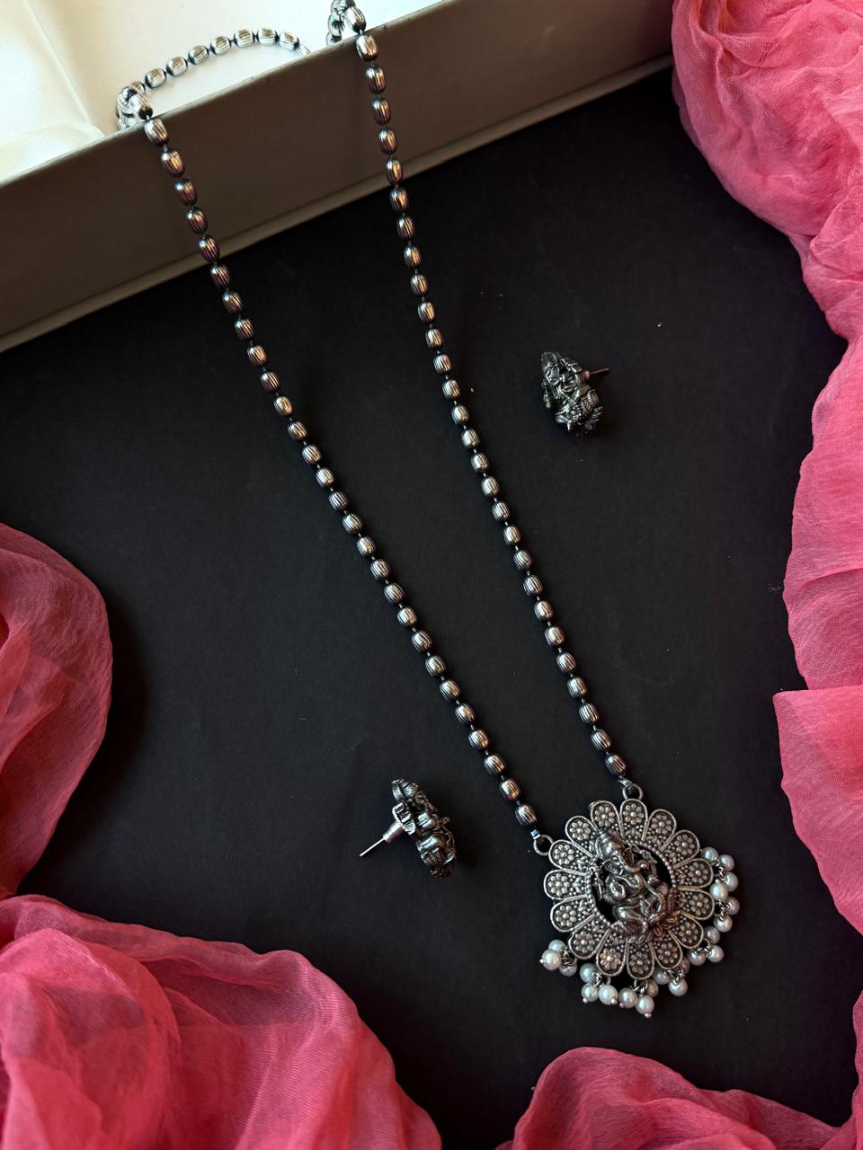 Black Polish Oxidized Ganeshji Pendant Chain Necklace and Earring set