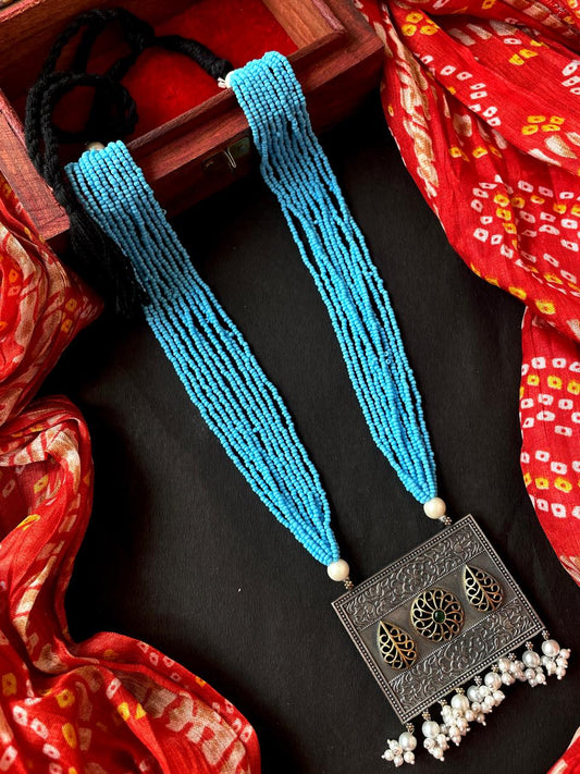 Black Polish Pendand Beaded Mala Necklace