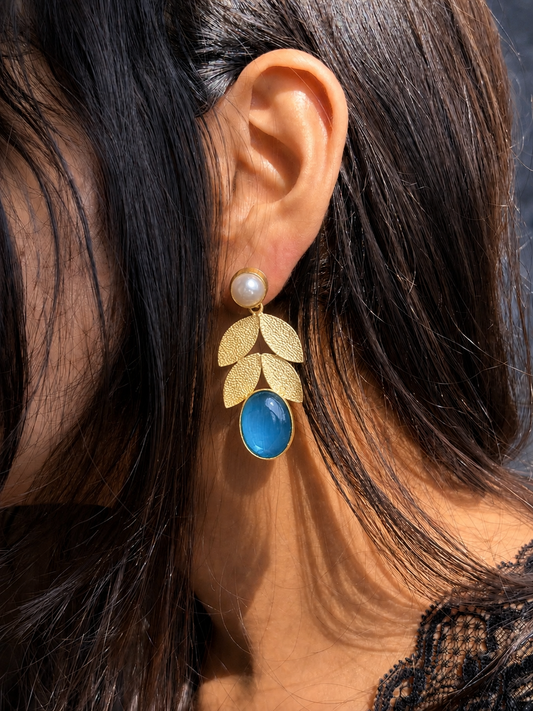 Monalisa Stone Sell Pearl Golden Leaf Earring