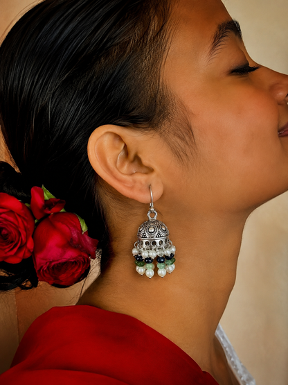 Stone Beaded Silver Replica Jhumki Earring
