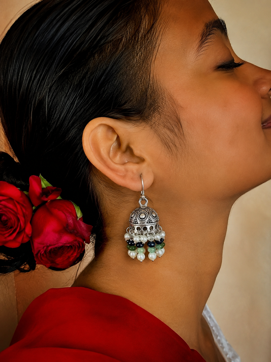 Stone Beaded Silver Replica Jhumki Earring