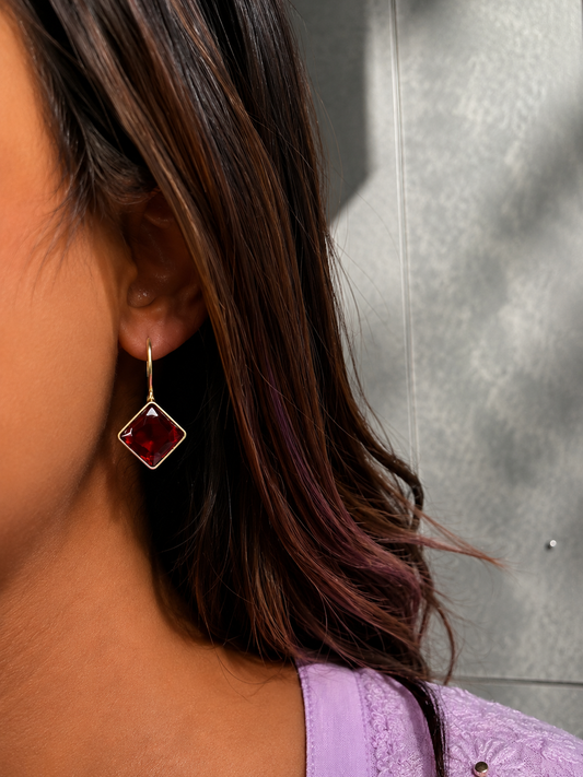 Cut Stone Square Golden Stud Earring