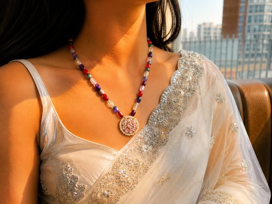 Pachi Kundan Pendant Navratan Mala