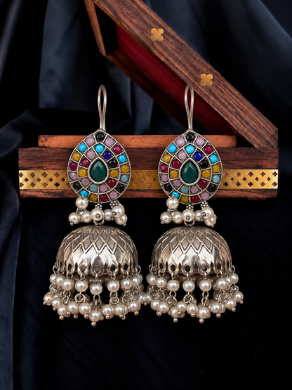 Monalisa Stone Top with Silver Replica Jhumka Earring