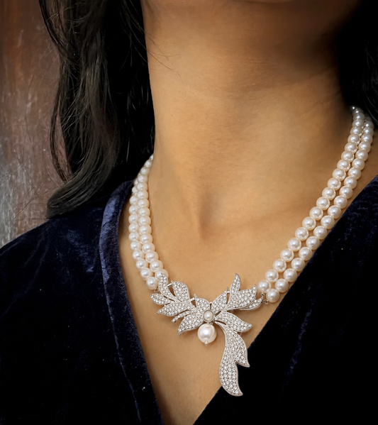 AD pendant Pearl Mala Necklace with AD Earring set