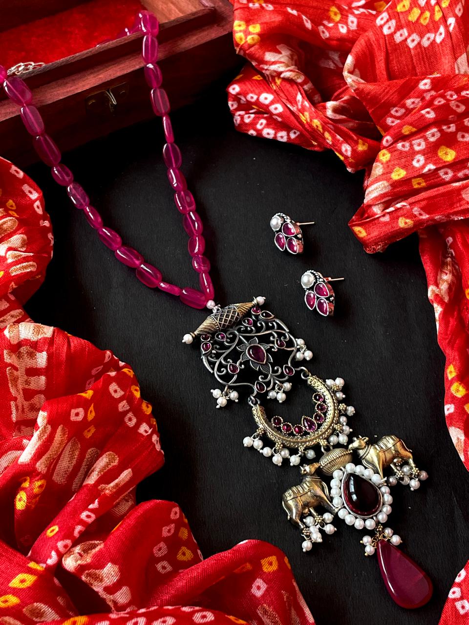 Dual Tone Beaded Pendant with Beaded Mala Necklace with Earring Set