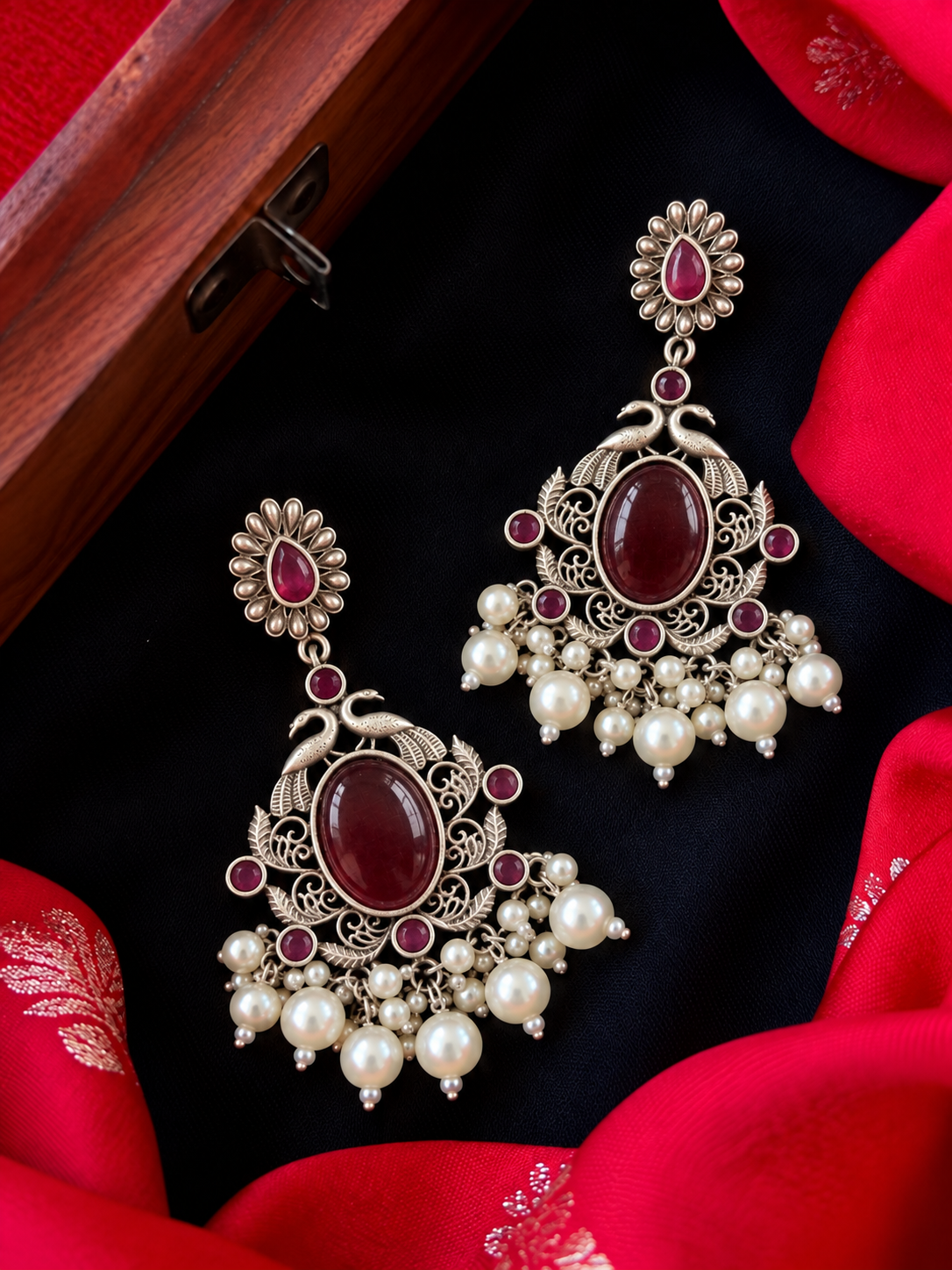 Ethnic Party wear Oxidized Drop earring with stone and beads