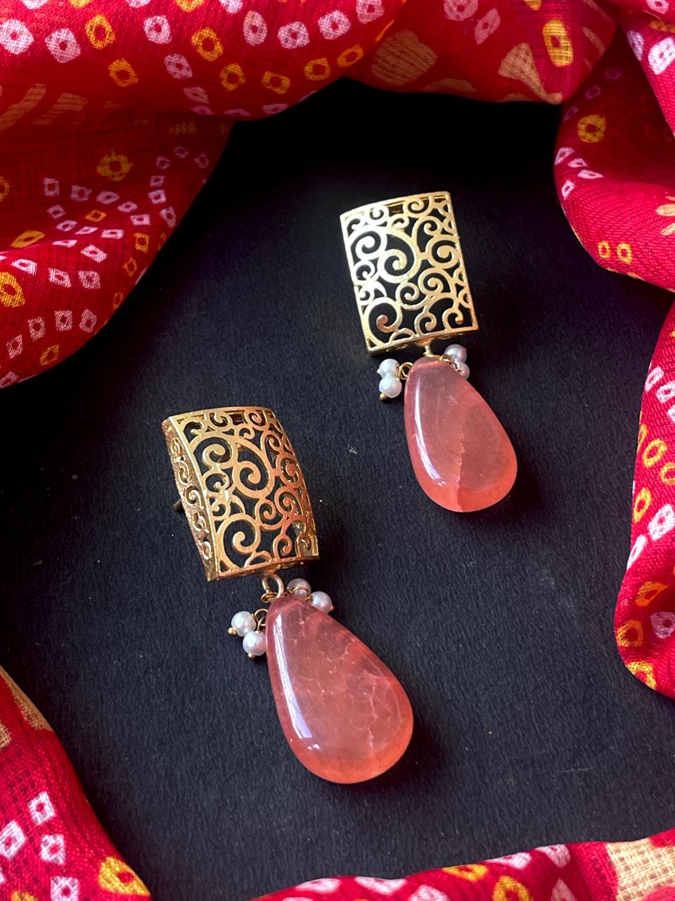 Earring with Monalisa Stone and Square Designer Top