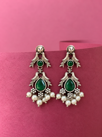 Black Silver Polish Bird Shape Monalisa Stone Earring