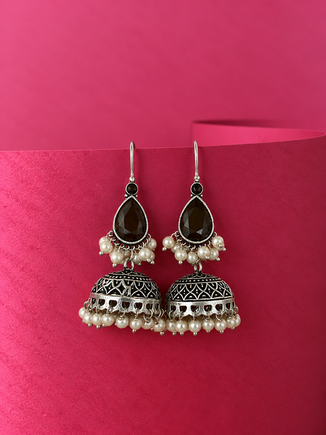 Monalisa Stone top with black polish jhumki Earring