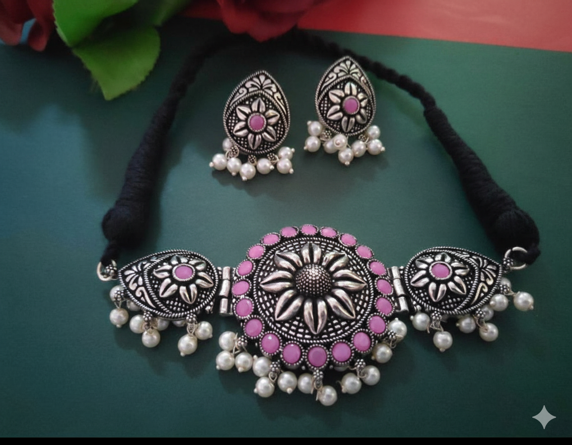 Oxidized Choker with Earring set