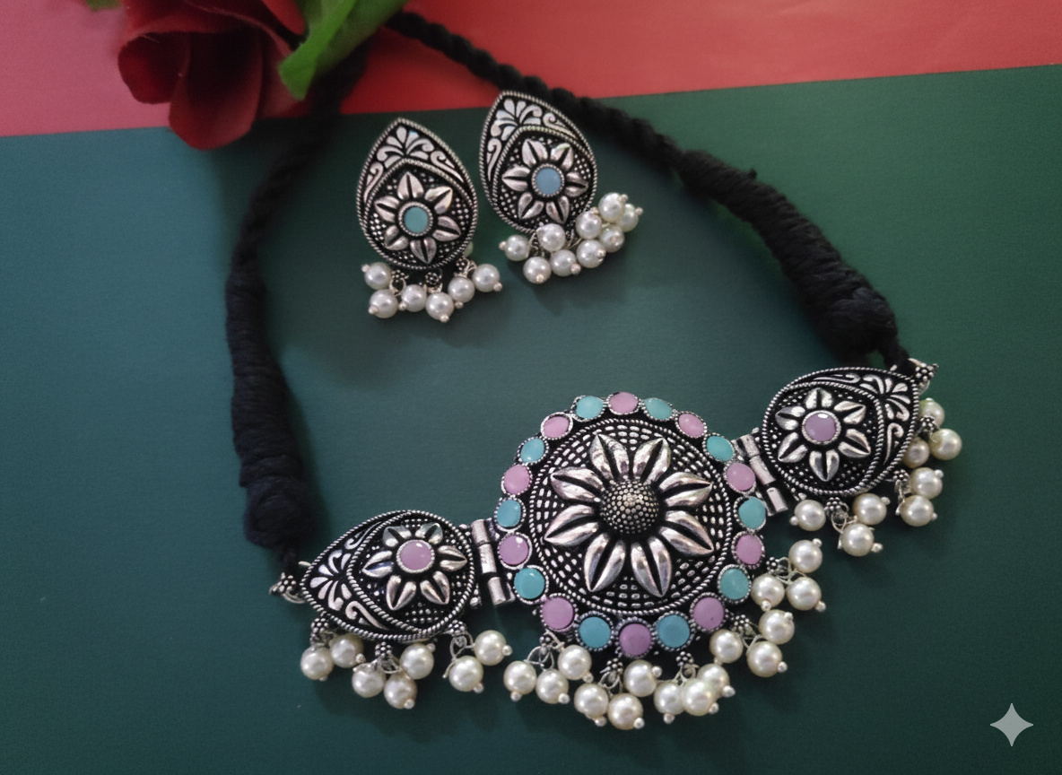 Oxidized Choker with Earring set