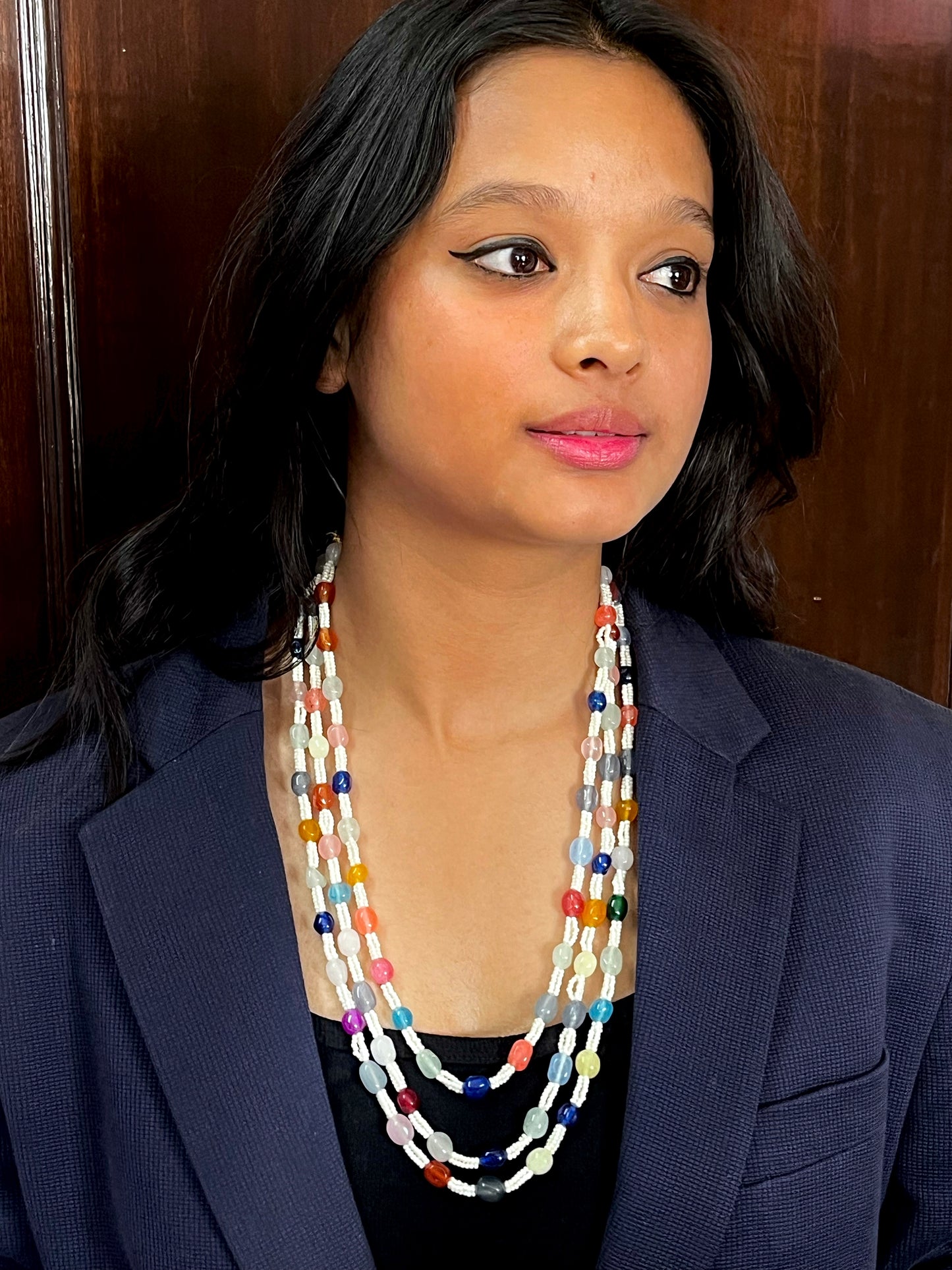 Glass Beads Multi colour Trendy Three Layered Mala