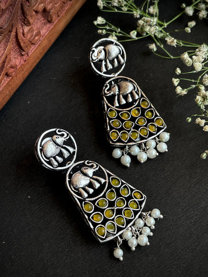Yellow stones with Elephant Oxidized Earring