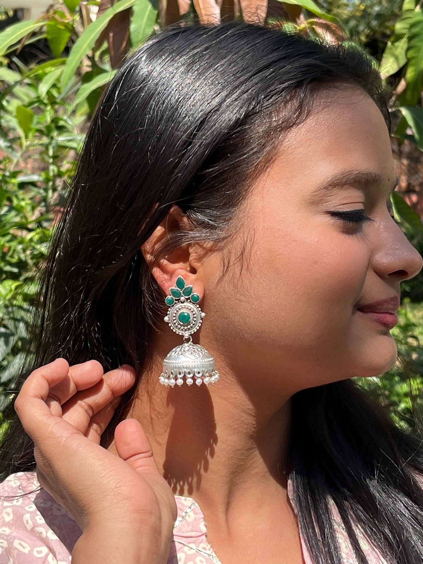 Oxidized Jhumka Earring in Black Polish with Stones